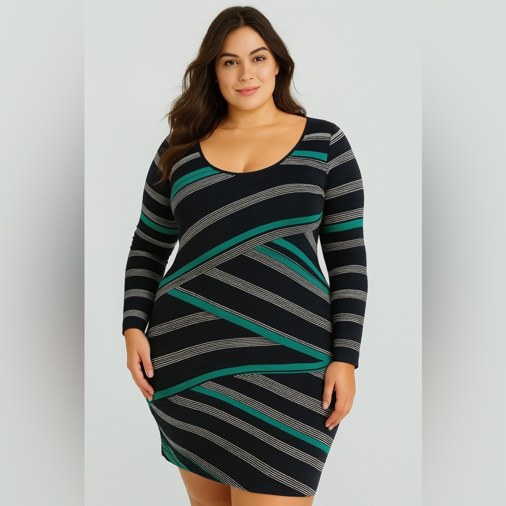 Max Studio Black and Blue Long Sleeve Bodycon Dress EUC